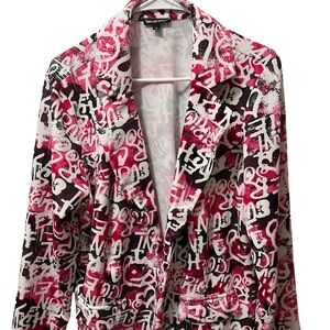 Graffiti one button jacket, size 2X fuchsia, purple and white